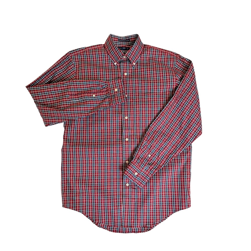 Lands' End Button Down Shirt Men 15-33 Red Plaid No Iron Pinpoint Oxford